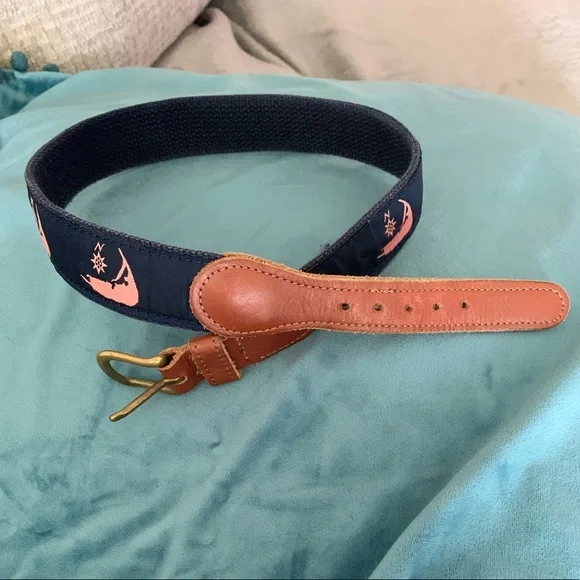 Preston boys navy cotton belt with brown leather. Embroidered boats. 24” long