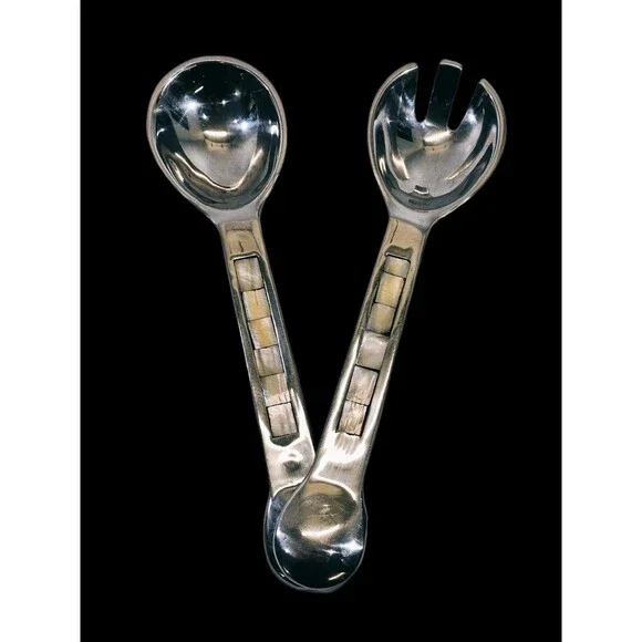 Towle Mother of Pearl Inlay Large Serving Spoon Salad Set 2 Utensils 11