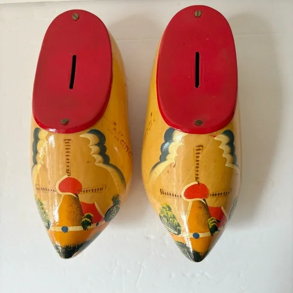 Vintage Wooden Hand Painted Dutch Clogs Banks from Holland Wall Decor