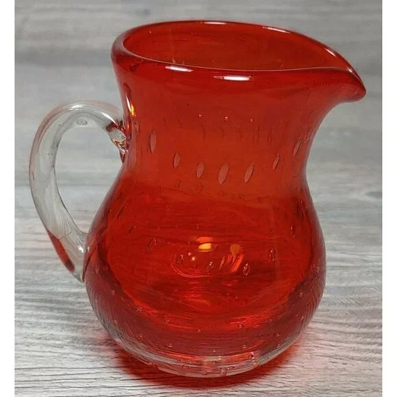 Lefton Red Glass Controlled Bubbles Creamer Hand Blown Mini Pitcher Handle VTG
