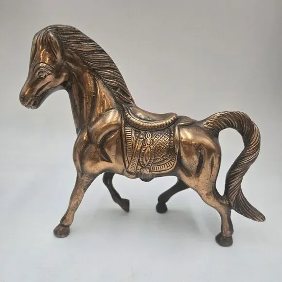 Vintage Copper Finish Cast Pot Metal Running Horse Sculpture Statue