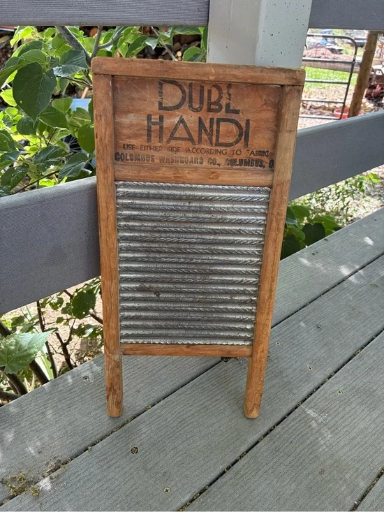 Vintage Wooden Washboard with Ribbed Metal Scrub Surface - Natural Wood