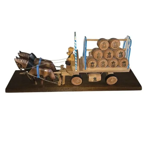 VINTAGE GERMAN HOFBRAUHAUS HB BEER HAND CARVED WOODEN BEER WAGON 17