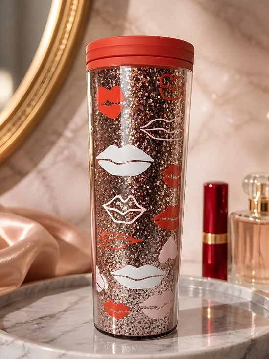 Starbucks Red, White, & Pink Lip & Heart Print Tumbler-Twist Lid