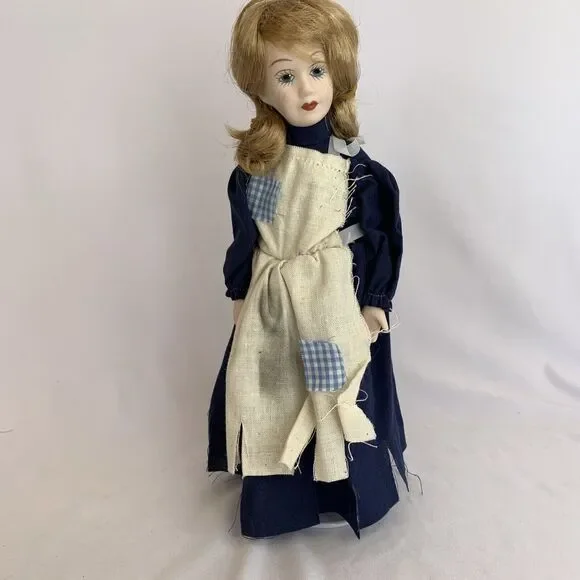 Blonde Hair Blue Eyes Worker Maid Porcelain Doll Foam Body Blue Dress‎ Apron