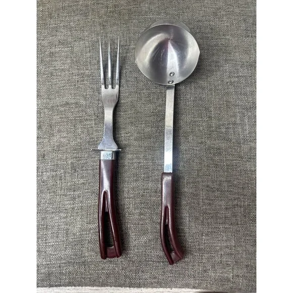 Vinntage Stanhome Stainless Steel Serving Fork & Ladle With Brown Handles