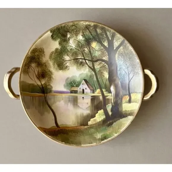 Atq Nippon Hand Painted Gilded Double Handled Pedestal Bowl Lake Scene RARE