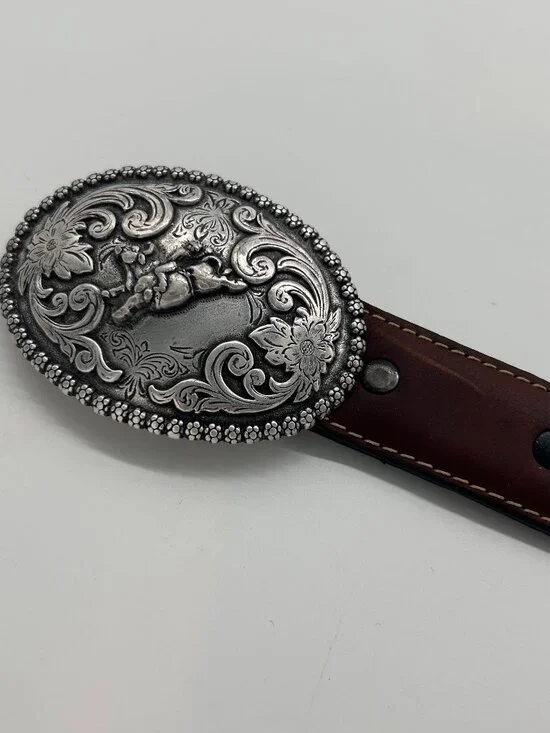 Nocona Brown Child  Western Leather Belt With Silver Tone Bronco Buckle Size 19