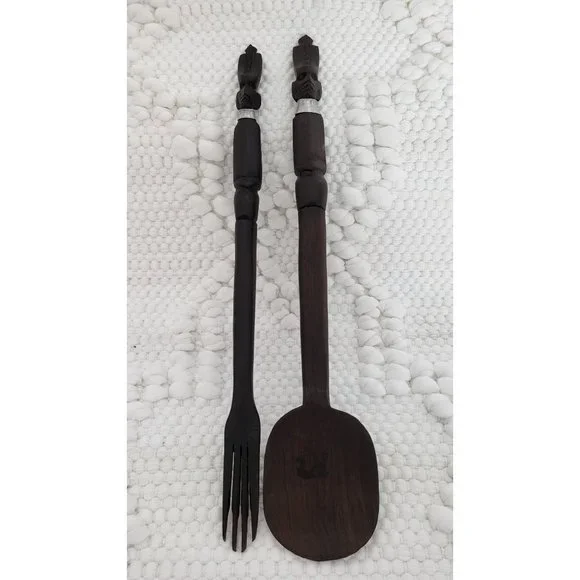 Vintage Handcarved African‎ Wooden Fork & Spoon Tribal Folk Art