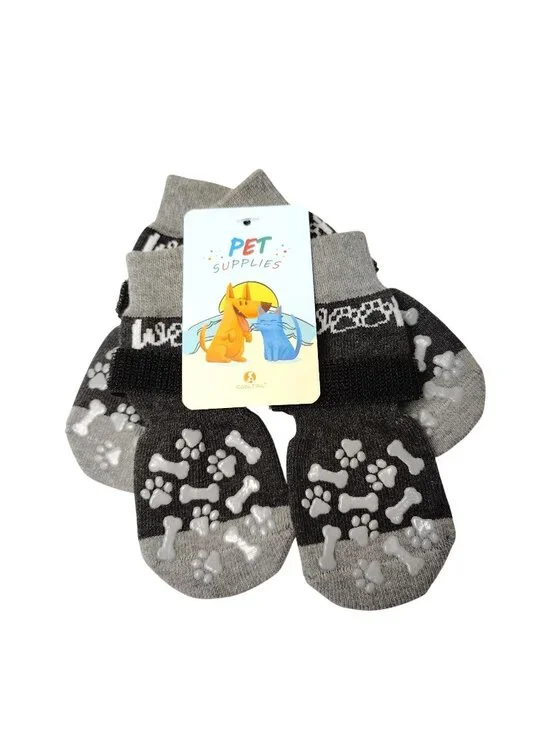 CoolTail Set of 4 Large Size Non-Slip Dog Socks With Paw and Bone Design