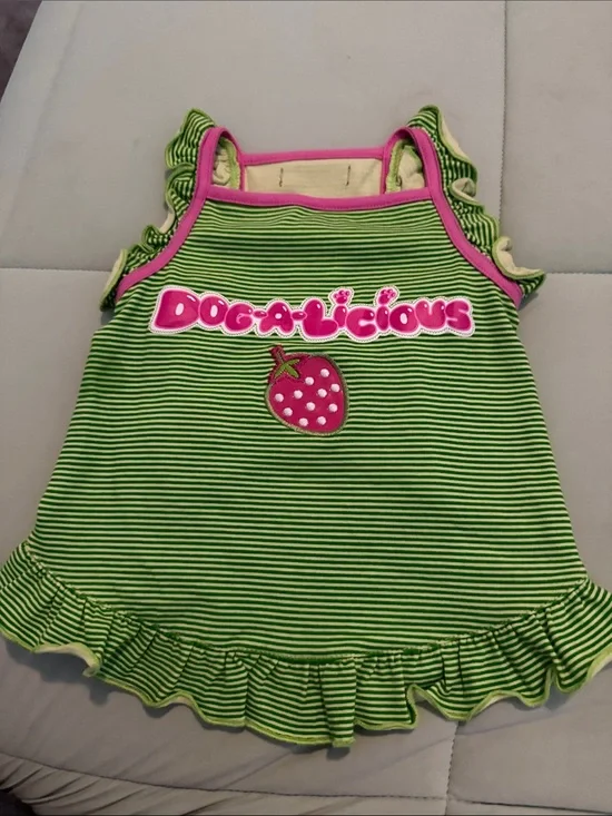 #0078 - Green & Pink Striped 'Dogalicious' Dog Dress
