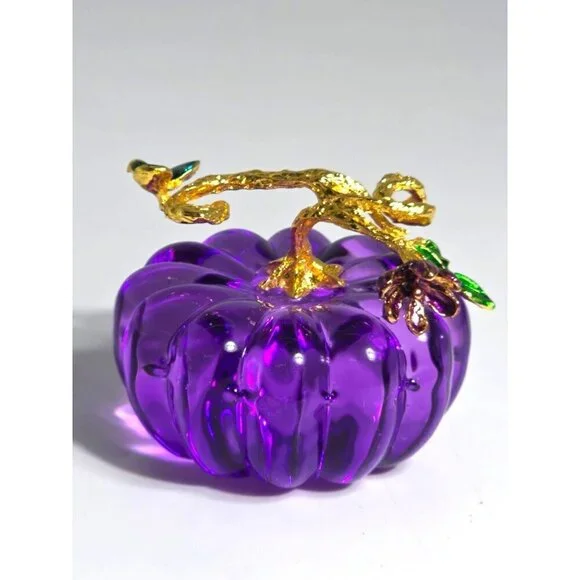 Purple Pumpkin With Gold Plated Stem & Leaves Decorative Piece Vintage
