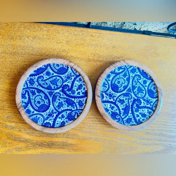 Wood Coasters With blue paisley Vinyl - 2pc