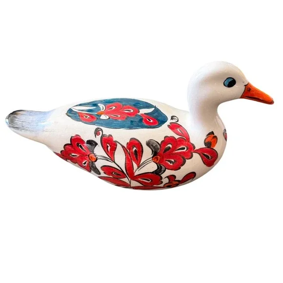 Hand Painted Ceramic Duck Figurine Floral Folk Art White Red Blue 8 Inch