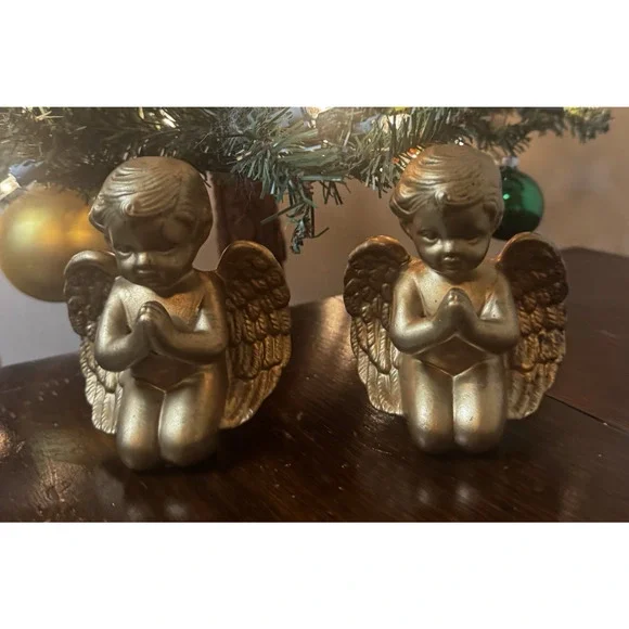 Vintage Angel Praying Gold Tone 2 Cherubs Made Taiwan 4.5