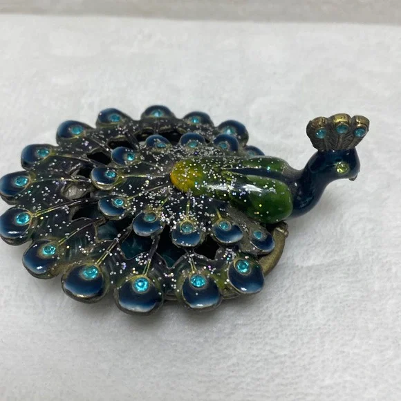 Peacock‎ Trinket Box Magnetic Enamel Jeweled Decorative Figurine Blue Green