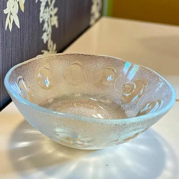 Textured glass bowl with fish design, no chips, cracks, or scratches
