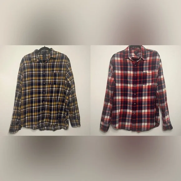J. Crew Men's Flannel Shirt Bundle - 2 Classic Fit Plaid Shirts‎ Size Large