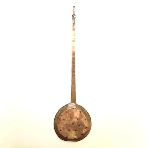 Vtg Copper Skimmer Pierced Ladle Handle Farmhouse 20”‎ L Hand Forged Hanging