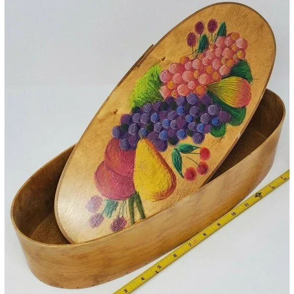 Vintage Hand Painted Tole Bamboo Box Fruit Design Signed 16