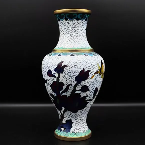 Vintage Brass Cloisonne Flower Vase Enamel Chinoiserie Style Floral Design Decor