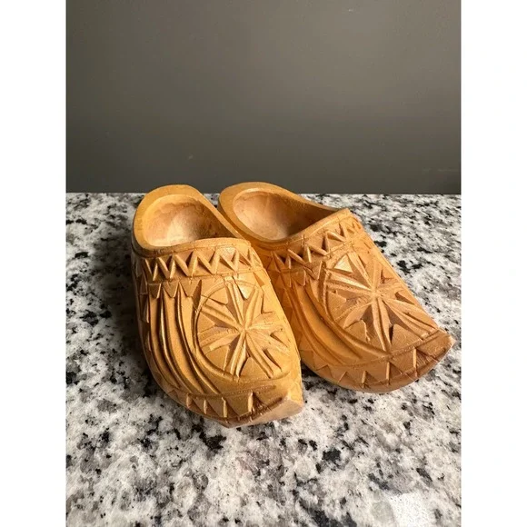 Hand Carved Wooden‎ Clogs Miniatures Pair Folk Art Decorative Shoes