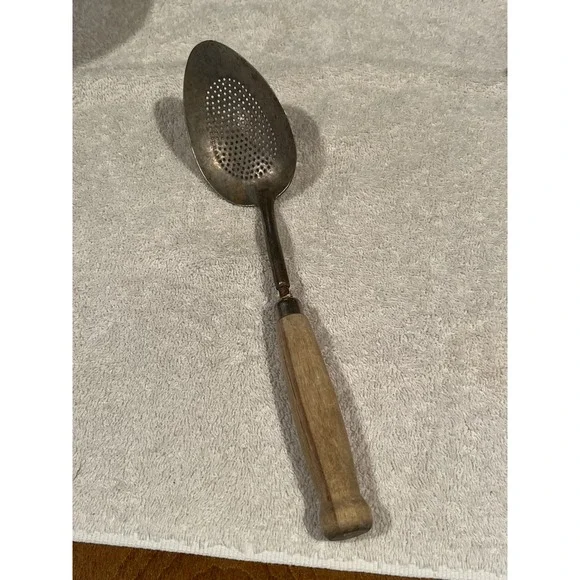 Vintage Perforated Skimmer Spoon Primitive Wooden Handle Rustic Kitchen Tool