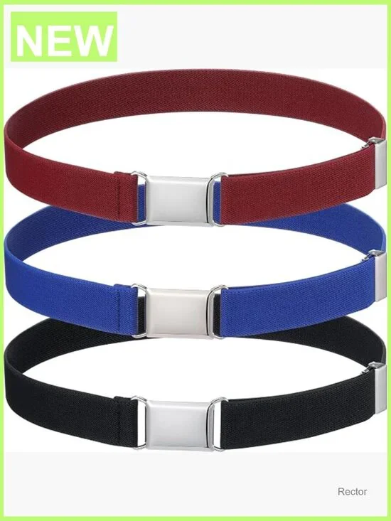 3-Pack Kids Elastic Stretch Belt with Silver Square Buckle