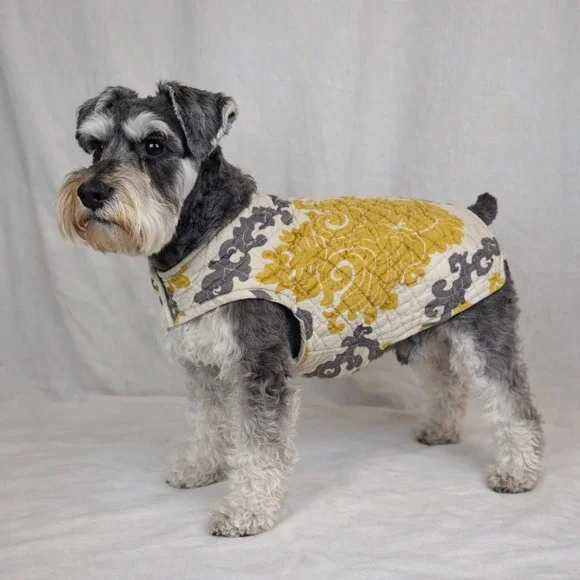 Handmade Quilted Dog Vest Yellow Grey Damask Floral Pet‎ Jacket Small Medium
