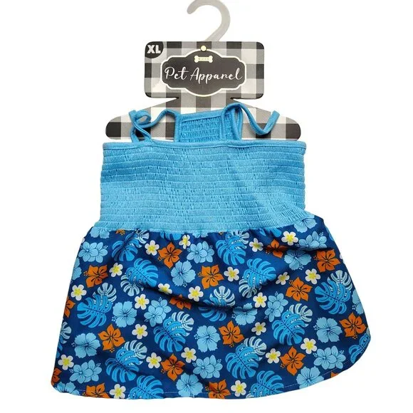 Pet Apparel XL Tropical Floral Blue Dress For Dogs With Stretchy Smocked Bodice