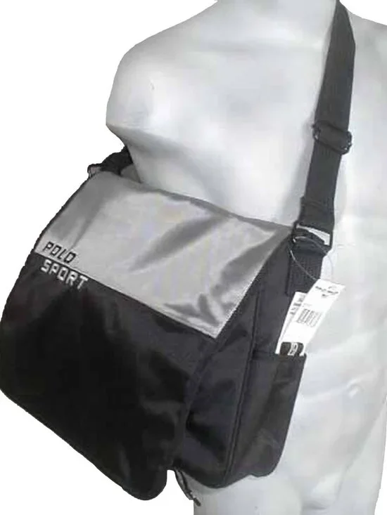 NEW Vintage Polo Sport Ralph Lauren Messenger Bag! Black Silver Huge Polo Sport
