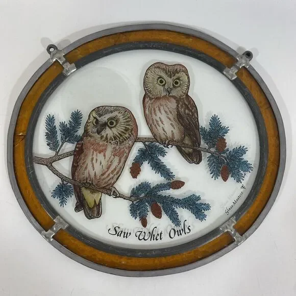Glass Masters Stainglass Windows Hanging Saw‎ Whet Owls 9”x 8” READ