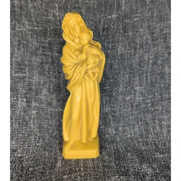 Vintage Madonna & Child Figurine Yellow Virgin Mary Statue Religious Decor 6.5