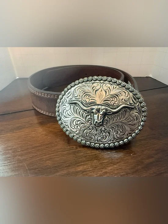 Kids Western Brown Leather Belt with Ornate Longhorn Buckle