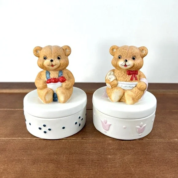 Vintage Ceramic Teddy Bear Trinket Box Pair Baby‎ Gift Decor Set Nursery
