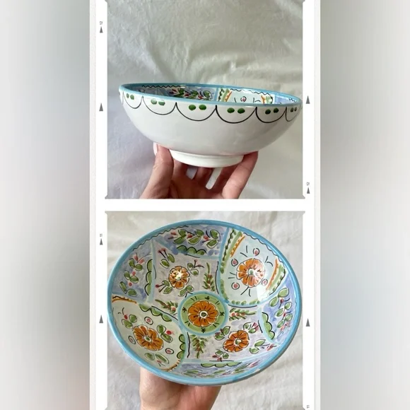Art Pottery Bowl | Signed Sevilla Cruz | Blue Orange Floral Glazed | 7”