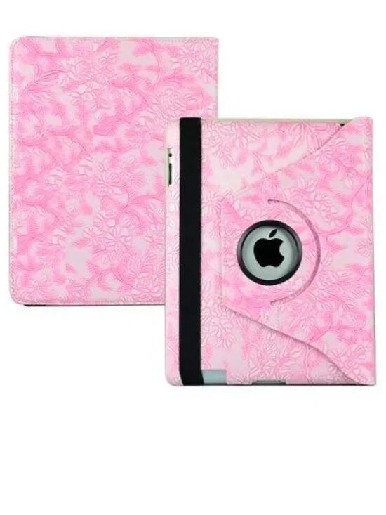 360 DEGREES ROTATING STAND (PINK) STYLISH EMBOSSED FLOWERS CASE FOR IPAD 2