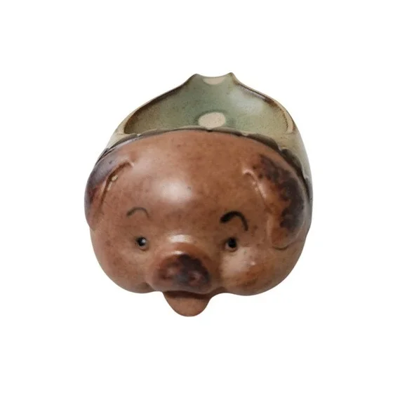 UCTCI Vintage Pig Spoon Rest Stoneware Japan Smiling Polka Dots Whimsy 7.5