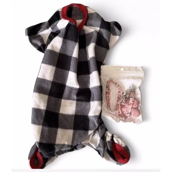 Cozy Warm Fleece Dog pajama and flower adjustable pink collar , Small Breed dog
