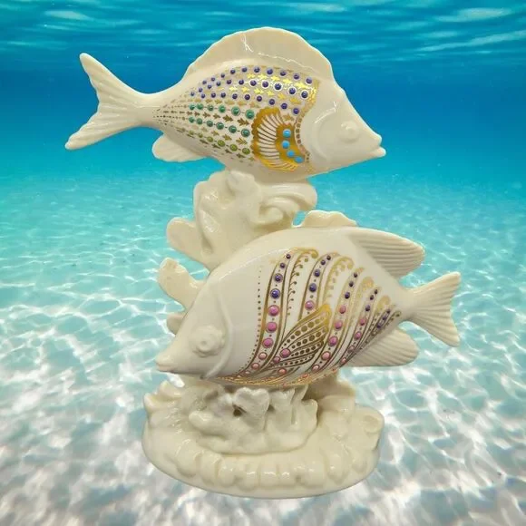 Vintage Lenox China Jeweled Double Tropical Fish Statue ~ 7.5