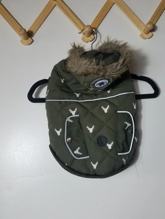 LUVGEAR DOG QUILTED OLIVE COAT WITH FAUX FUR HOOD SIZE SMALL