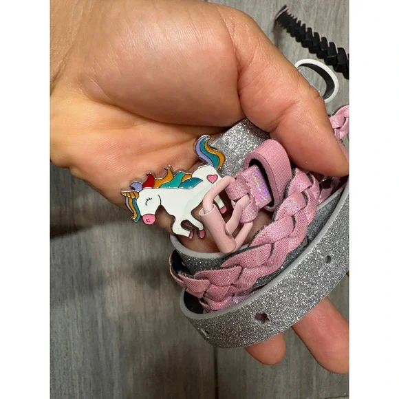 Girls 2 Piece Belt Set Silver Glitter Unicorn Buckle and Pink Braided Iridescent