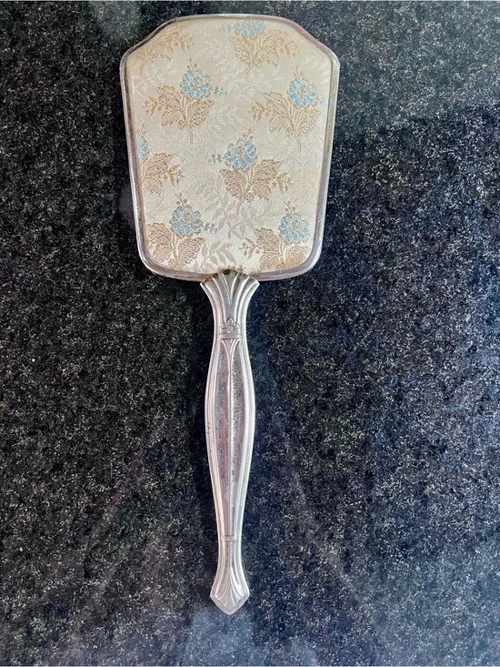 Vintage Silver Hand Mirror with Cream and Blue Floral Backing