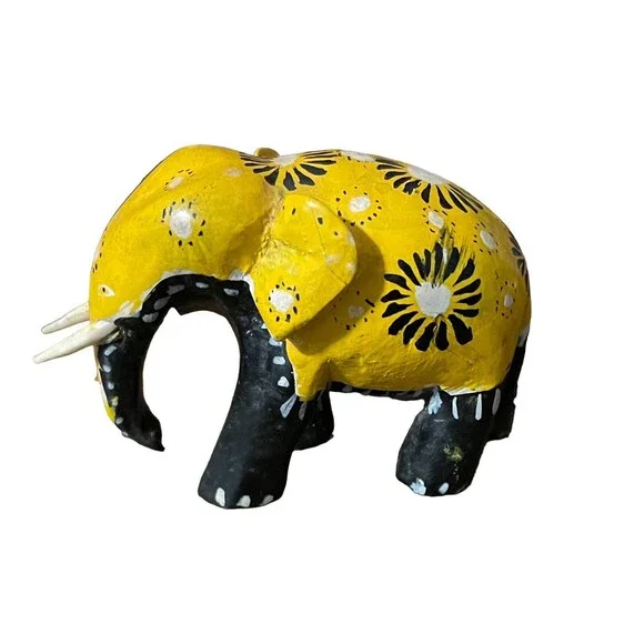 Vintage Hand Carved Hand Painted Elephant Yellow Black White 2” x 3” Wood Figure