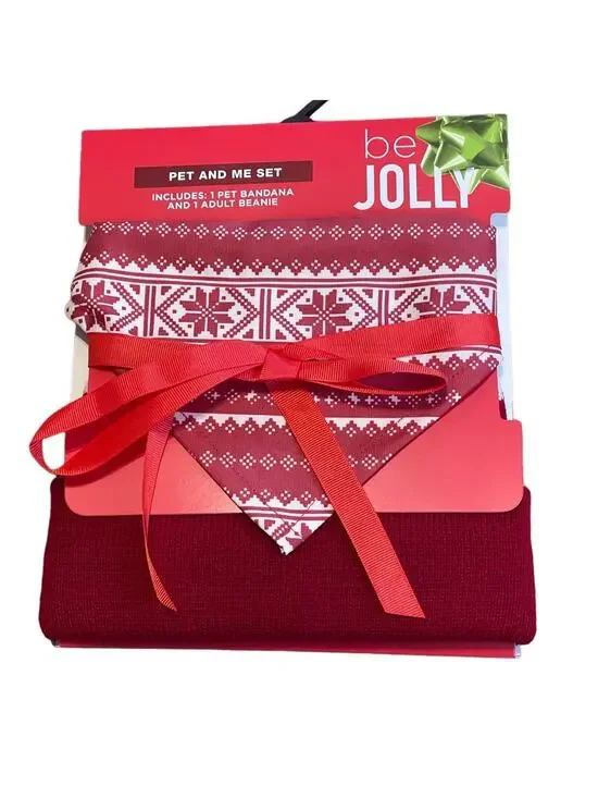 Dog Pet Bandana and Matching Adult Beanie Red Cream by Be Jolly Holiday NWT