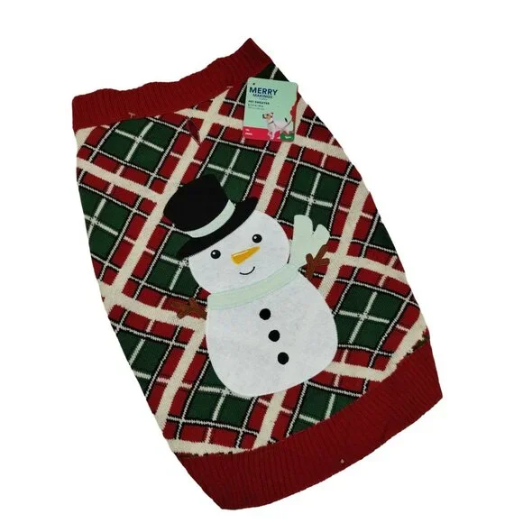 Merry Makings Snowman Plaid Pet Sweater Dog Large 17 to 19 inches Red Green