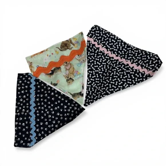 Handmade Dog Bandana Set of 3 Easter Dogs Paw &‎ Bone Print Rickrack Trim