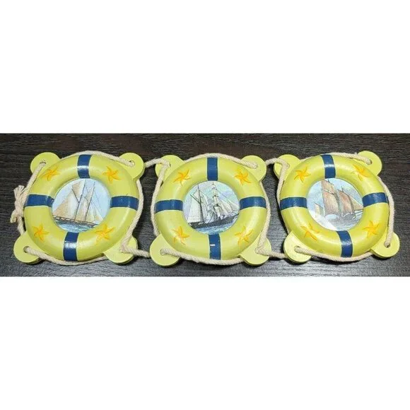 Nautical Wooden Lifebuoy Wall Hangings With Sailboat Designs Set Of 3 Vintage
