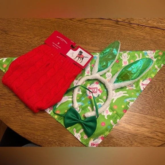New Pet bundle! Easter bunny ears, bow tie, tie triangle bandana & med sweater