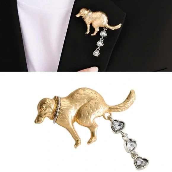 Dog Drama Brooch: Gold Pooping Dog Pin - Zircon Accent